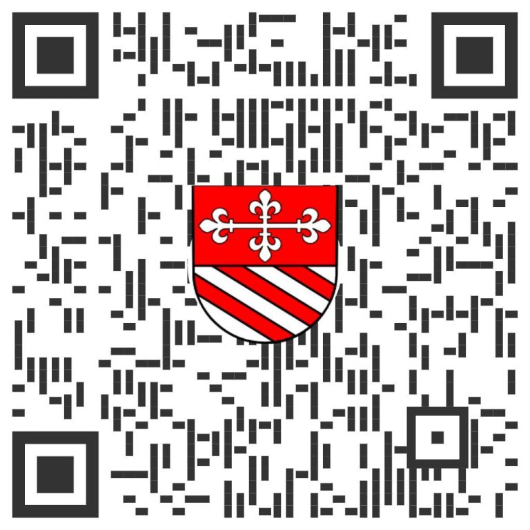 QR-Code zum WhastApp-Kanal von Oberöfflingen QR-Code mit dem Wappen von Oberöfflingen in rot und silber, umgeben von schwarzen Mustern.